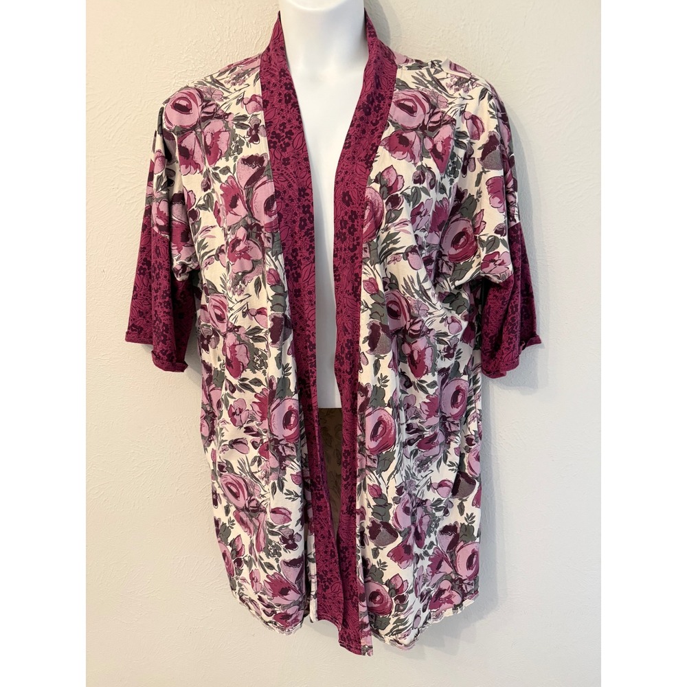 Pact Organic Cotton Floral Kimono Robe Purple Cream M/L Pockets Loungewear